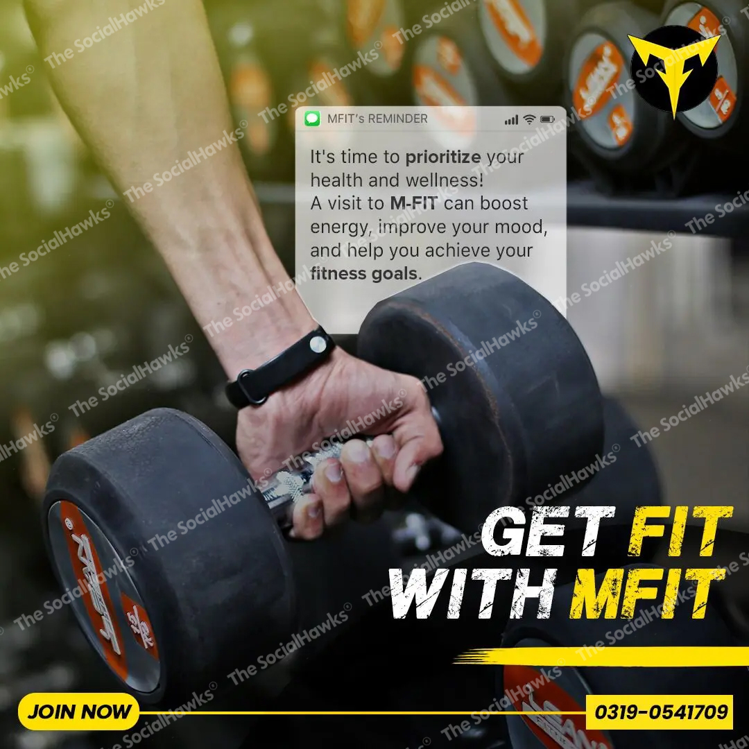 MFit wellness reminder social post with close-up of hand holding dumbbell